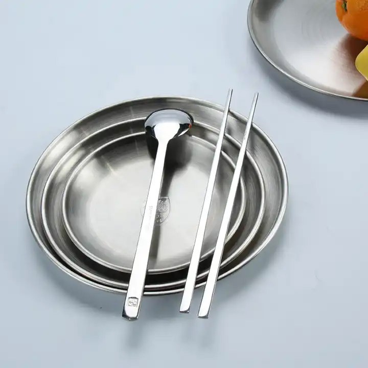 High Quality Round Korean Style 304 Stainless Steel Tableware Plates Dishes Dinner Metal Food Serving Plate